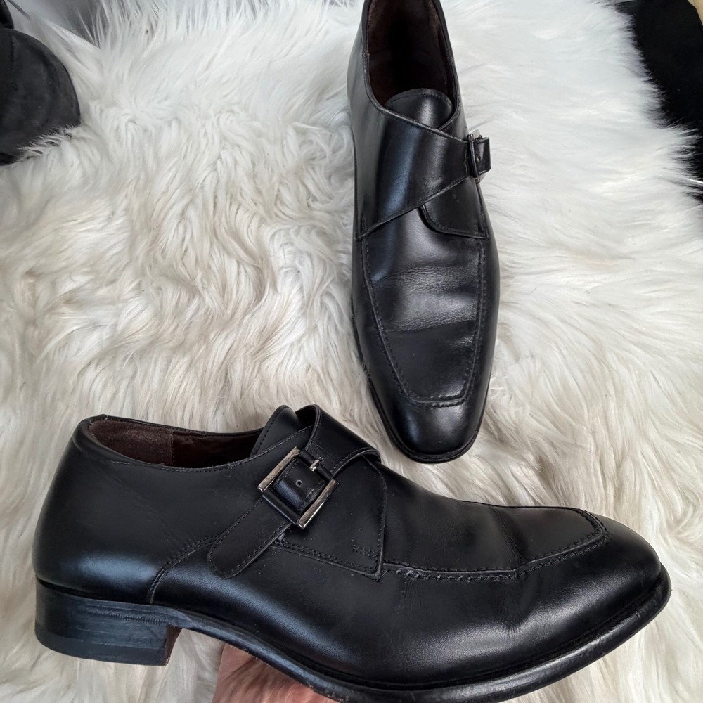 Mezlan Mens Black Leather Single Monk Strap Apron Toe Loafers Size 8M Spain